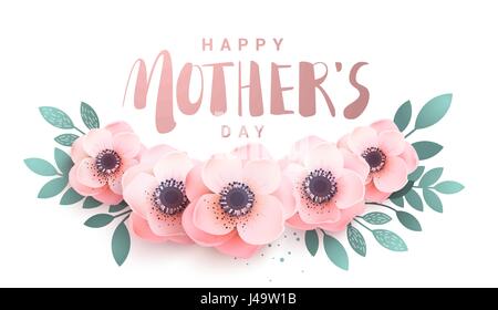 Felice Giorno della Madre di scritte su un bianco. Illustrazione delicata con fiori di colore rosa e di ombra. Fiori di carta per le vacanze. Illustrazione Vettoriale