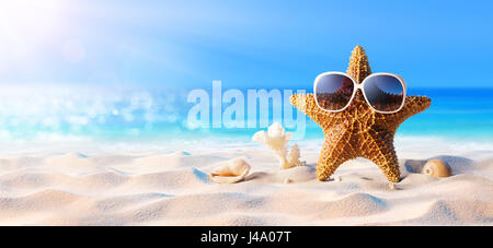 Starfish con occhiali da sole sulla spiaggia Sunny Beach Foto Stock