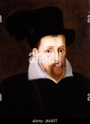 Questo ritratto, attribuito alla Scuola inglese, raffigura re Giacomo i d'Inghilterra e vi di Scozia. Noto per il suo ruolo nell'unificazione delle corone britanniche, James è una figura importante nella storia del Regno Unito, e questo dipinto riflette il suo status reale e la sua autorità. Foto Stock