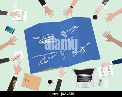 Paese militare di sviluppo concetto di potenza illustrazione con la mano il lavoro di squadra insieme sulla parte superiore della tavola Illustrazione Vettoriale