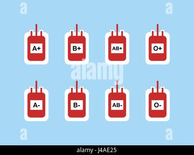 Sacche per sangue simbolo segno Icona per il tipo di sangue A+,-, B+, B-, AB+, ab-, 0+ e 0- illustrazione vettoriale Illustrazione Vettoriale
