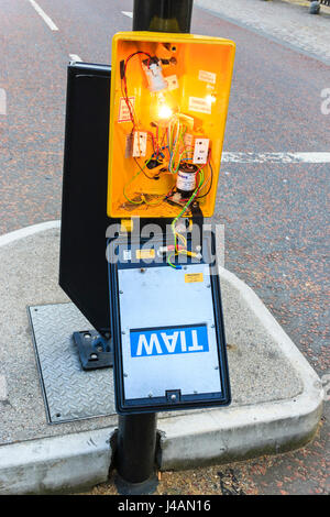 Close-up di una lampada illumina il giallo o arancione alloggiamento in plastica della rottura del pannello di controllo su un pedone pelican crossing, London, Regno Unito Foto Stock