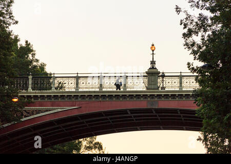 Singolo passaggio pedonale Hornsey Lane Bridge, Londra, Regno Unito, al tramonto, dal di sotto, il Victorian strada lampada accesa Foto Stock