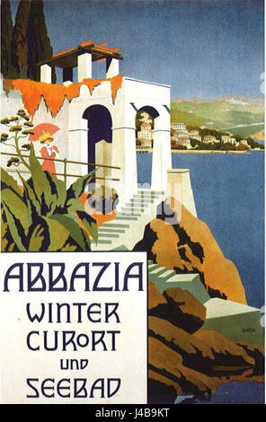 Il "Plakat Abbazia 1911" si riferisce a un manifesto storico o a una pubblicità del 1911 relativa all'Abbazia, ora nota come Abbazia, in Croazia. Il poster è un esempio di marketing e promozione turistica dei primi anni del XX secolo. Foto Stock