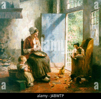 "Pieters Aardappels schillen" si traduce in "Pieters Peeling Potatoes", riferendosi probabilmente a un dipinto o a un'illustrazione che raffigura una scena di vita quotidiana in cui una persona di nome Pieter è impegnata nel pelare le patate. Foto Stock