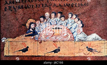 Una rappresentazione dell'ultima cena dai Vangeli di Rossano, un importante manoscritto paleocristiano, che illustra la famosa scena biblica con dettagli artistici. Foto Stock