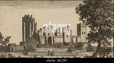 Questa incisione rappresenta il castello di Pontefract, situato nel West Yorkshire, in Inghilterra. L'immagine mostra il sito storico, che ha giocato un ruolo chiave nella storia medievale inglese. Foto Stock
