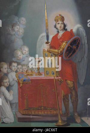 Questo dipinto di V. Borovikovskiy raffigura Paolo i dei figli della Russia su un altare, simboleggiando il loro legame con la famiglia reale russa e il loro ruolo nelle tradizioni della famiglia imperiale. Le opere d'arte catturano la grandezza e il momento sacro all'interno della corte imperiale russa. Foto Stock