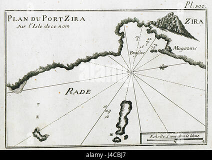 Questa mappa, creata da Joseph Roux nel 1804, illustra il porto di Zira sull'isola omonima. La mappa fornisce una panoramica storica della struttura e del significato geografico del porto durante i primi anni del XIX secolo. Foto Stock