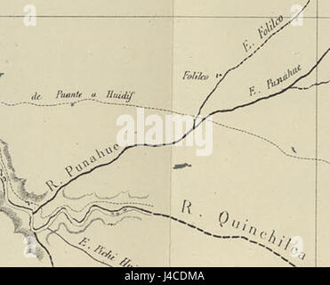 La mappa della spedizione di Francisco Vidal Gormaz mostra il Rio Punahue e estero Folilco nel loro contesto geografico, fornendo informazioni storiche sui corsi d'acqua e sull'esplorazione della regione. Foto Stock