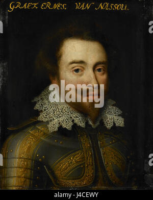 Questo è un ritratto di Giovanni Ernesto i, conte di Nassau-Siegen, creato all'inizio del XVII secolo. Il ritratto, ospitato nel Rijksmuseum, offre uno sguardo sull'aristocrazia e il patrimonio culturale del periodo. Foto Stock