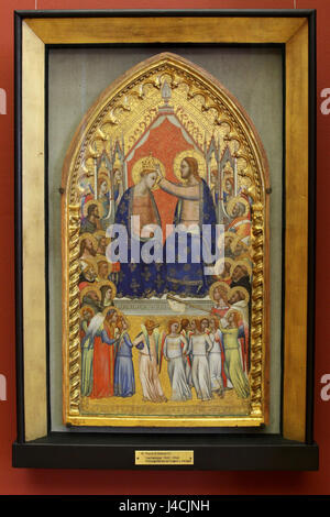 Puccio di Simoneâ€™Incoronazione della Vergine (ca. 1360) è un dipinto religioso ospitato nel Museo Lindenau di Altenburg. L'opera raffigura l'incoronazione della Vergine MaryÂ, un tema comune nell'arte cristiana medievale. Foto Stock