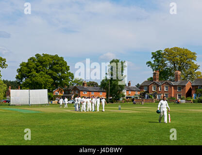 Partita di cricket nel villaggio di Hartley Wintney, Hampshire, Inghilterra, Regno Unito Foto Stock