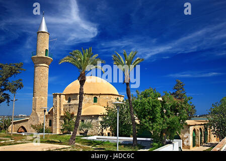 Hala Sultan Tekke (o 'Mosque di Umm Haram' - un tema molto importante e luogo sacro per l'Islam) presso il lago di sale ("Alyki') di Larnaca, Cipro Foto Stock