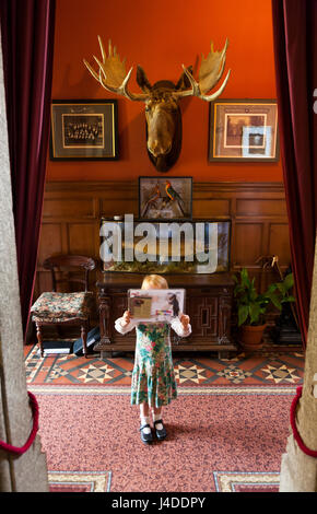 Ragazza giovane si interessa di storia / tourist bambino / bambino in casa nobiliare. Bodmin Cornwall. Lei esamina traccia / libro guida sotto lo sguardo di un testa di alce. Foto Stock