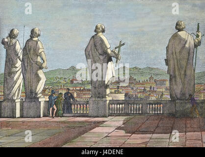 Vista del aApostles statue nella Basilica di San Pietro terrazza. Città del Vaticano. Incisione del XIX secolo. Foto Stock