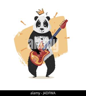 Panda con una corona suona la chitarra. Un brillante illustrazione per la stampa su una T-shirt, coperchio, poster. La grafica vettoriale. Illustrazione Vettoriale