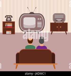 Una vecchia coppia è seduta sul divano e guardando un vecchio tv (sala decorata in stile anni cinquanta). Vecchia tv con un segnale analogico di antenna. Guardare le notizie, film. Illustrazione Vettoriale