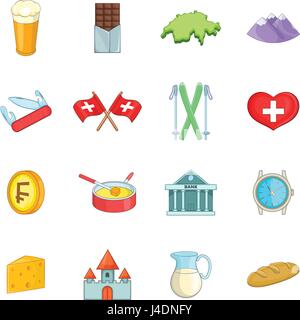 Switzerland Travel set di icone, stile cartoon Illustrazione Vettoriale