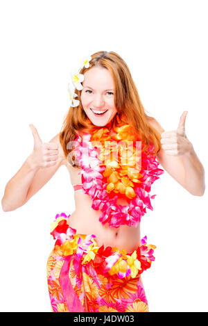 Elegante ragazza in abbigliamento hawaiano che posano su sfondo bianco in studio Foto Stock