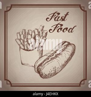 Disegnata a mano hot dog patatine prodotti da fast food Illustrazione Vettoriale