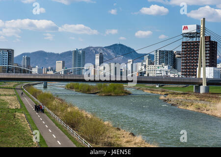 Enorme ponte che attraversa il fiume Ishikari fluente attraverso Sapporo, Hokkaido, Giappone, Asia Foto Stock