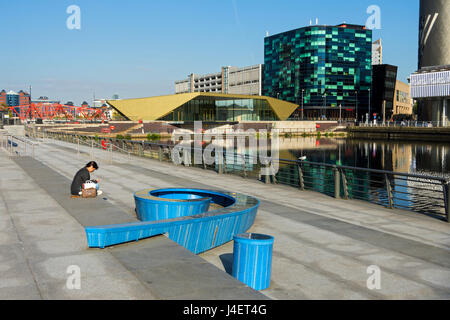 "Nove Dock". Una delle mostre di sblocco Salford Quays sentiero delle sculture. MediaCityUK, Salford, Manchester, Inghilterra, Regno Unito Foto Stock