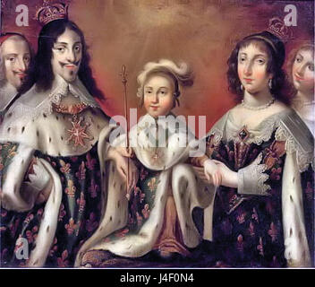 Questa opera d'arte storica raffigura il re Luigi XIII di Francia, la regina Anna d'Austria, e il loro figlio Luigi XIV, con il cardinale Richelieu e la Duchesse de Chevreuse, che riflettono le significative figure politiche della Francia del XVII secolo. Foto Stock
