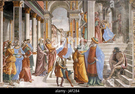 La Cappella Tornabuoni è una cappella situata a Firenze, in Italia. I suoi affreschi, raffiguranti la presentazione al Tempio della Vergine, sono notevoli per il loro significato artistico e religioso. Foto Stock
