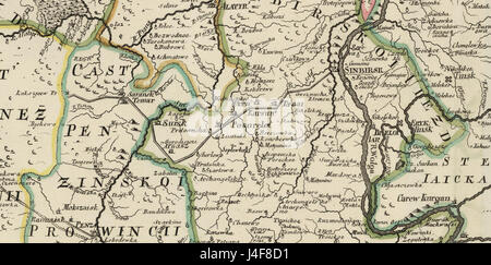 La mappa dell'Impero russo del 1745, intitolata "Simbirskaja Cherta", è un documento storico che descrive i territori e i confini amministrativi dell'Impero russo durante il XVIII secolo. La mappa è in latino e fornisce informazioni sulla struttura territoriale dell'impero. Foto Stock