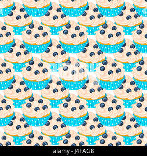 Tortina con mirtilli freschi in turchese titolare seamless pattern. Dessert per involucro o tessile. Foto Stock