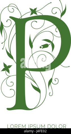 Lettera P design floreale. Creative vettore lettera logo design. Lettera decorate con volute e ornati di fiori Illustrazione Vettoriale