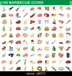 100 barbecue set di icone, stile cartoon Illustrazione Vettoriale