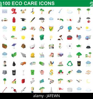 100 eco cura set di icone, stile cartoon Illustrazione Vettoriale