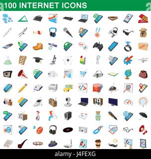100 internet set di icone, stile cartoon Illustrazione Vettoriale