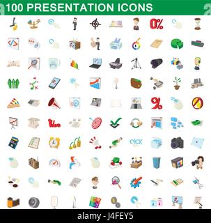 100 Presentazione set di icone, stile cartoon Illustrazione Vettoriale