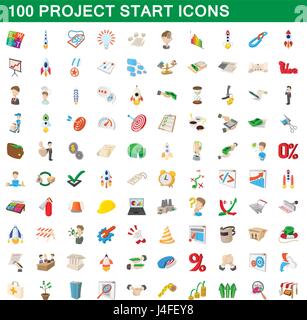 100 inizio progetto set di icone, stile cartoon Illustrazione Vettoriale