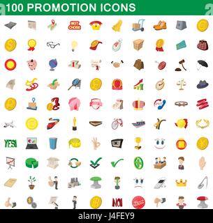 Promozione 100 set di icone, stile cartoon Illustrazione Vettoriale