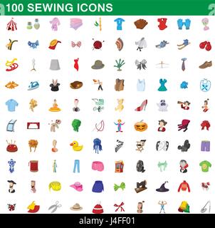 100 icone di cucitura impostata, stile cartoon Illustrazione Vettoriale