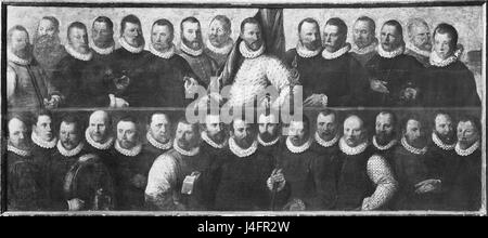 Un dipinto olandese del XVII secolo intitolato 'Schutters van de compagnie van kapitein Reynst Pietersz. en vaandrig Claes Claesz. Kruys, che raffigura i membri di una compagnia di tiro in costume storico. L'opera illustra la cultura e l'arte della milizia olandese del periodo. Foto Stock