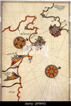 Questa mappa, disegnata dal cartografo ottomano Piri Reis, raffigura lo stretto di Gibilterra. È una delle prime mappe sopravvissute a rappresentare con precisione questo passaggio marittimo cruciale tra Europa e Africa. Foto Stock