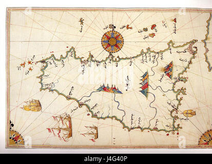 Questa mappa della Sicilia fu creata dall'ammiraglio e cartografo ottomano Piri Reis. Fa parte di una serie di mappe e carte di navigazione che mostrano la regione mediterranea, offrendo una preziosa visione della geografia dei primi anni del XVI secolo. Foto Stock