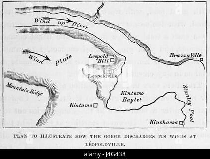 Questa illustrazione tratta dagli scritti di Henry Morton Stanley mostra la fondazione dello Stato libero del Congo e dettaglia le caratteristiche geografiche, tra cui lo scarico del vento a Leopoldville, ora Kinshasa, Repubblica Democratica del Congo. Foto Stock