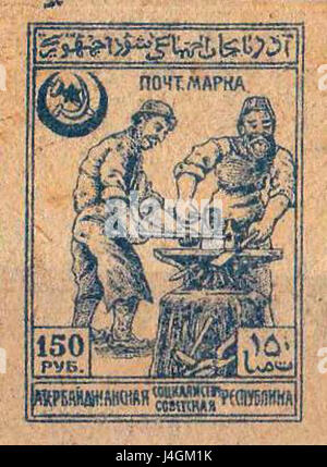 Questa immagine mostra un francobollo del 1922 della AzSSR (Repubblica Socialista Sovietica dell'Azerbaigian), una parte dell'Unione Sovietica, che riflette i primi anni del dominio sovietico in Azerbaigian. Foto Stock