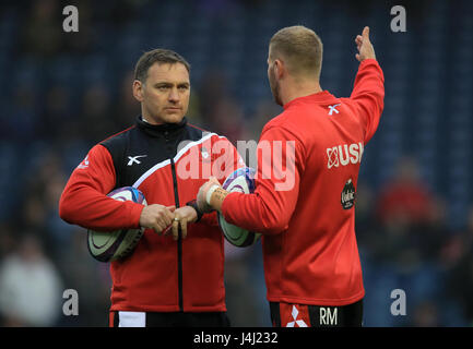 Gloucester coach Trevor Woodman (sinistra) parla di Gloucester Rugby Ross Moriarty durante la sfida europea per la finale di coppa a BT Murrayfield, Edimburgo. Stampa foto di associazione. Picture Data: venerdì 12 maggio, 2017. Vedere PA storia RUGBYU finale. Foto di credito dovrebbe leggere: Mike Egerton/PA FILO Foto Stock