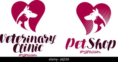 Pet Shop, clinica veterinaria logo. Animali, cane, gatto, Parrot Icona o simbolo. L'etichetta illustrazione vettoriale Illustrazione Vettoriale