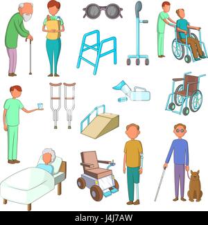 Disabilità persone care set di icone, stile cartoon Illustrazione Vettoriale