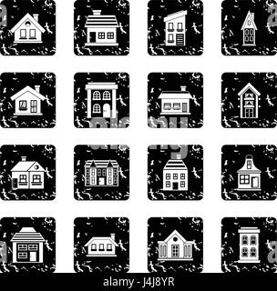 House set icone, stile grunge Illustrazione Vettoriale