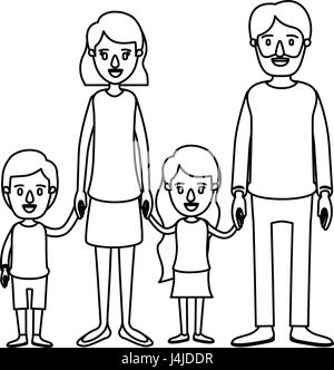 Silhouette caricatura gruppo familiare con genitori e bambini piccoli prese le mani Illustrazione Vettoriale