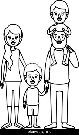 Silhouette caricatura famiglia i genitori con ragazzo sulla sua schiena e ragazza prese le mani Illustrazione Vettoriale